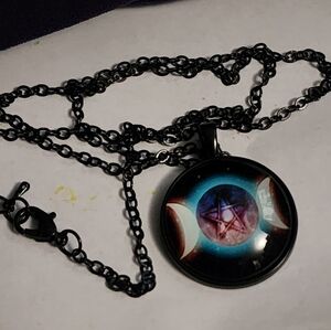 Brand New, Acrylic, Black Triple Moon Pentacle Pendant Necklace On Black Chain